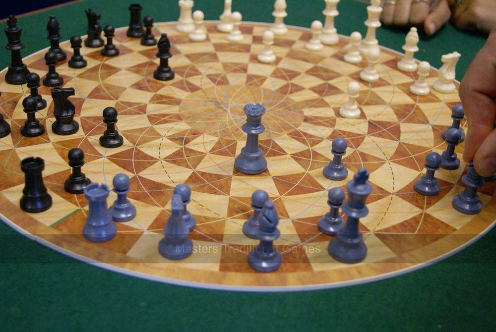 3 Man Chess hinged board folds into three sections for quick setup.