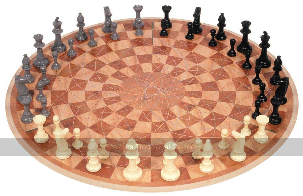 3 Man Chess round board open for easy transport and social play.