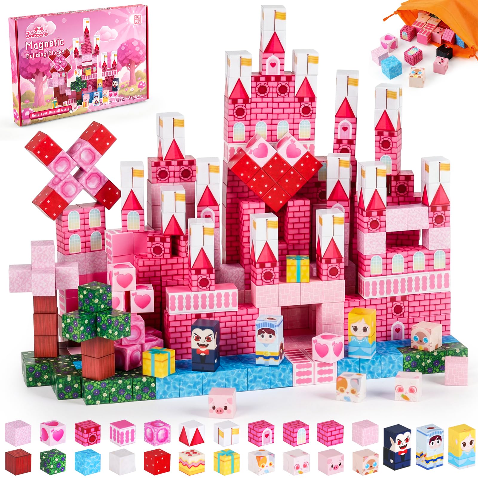 3 otters Magnetic Blocks castle tower for imaginative princess builds and durable play
