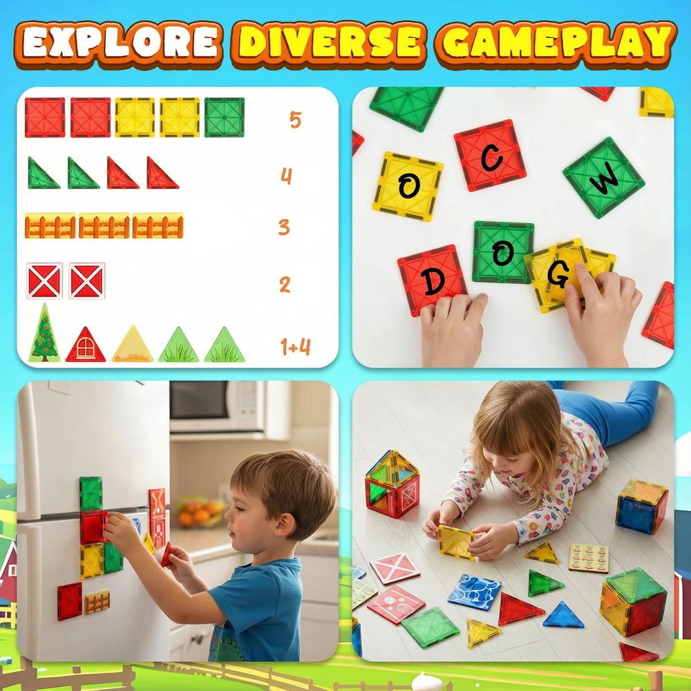 3 Otters magnetic tiles farm fields: builds spatial awareness through modular play.