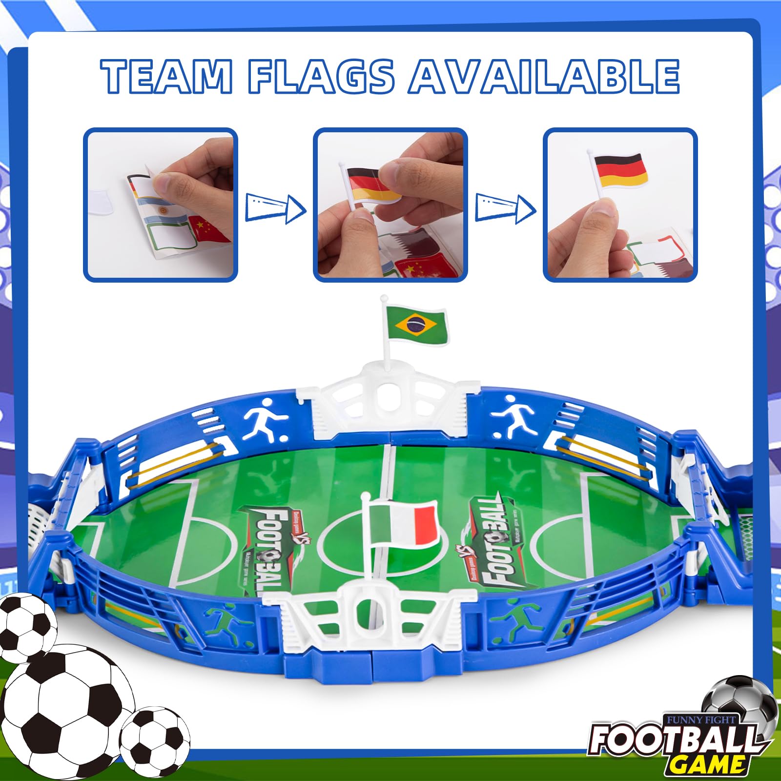 Portable design of 3 otters mini soccer board game for travel and parties.