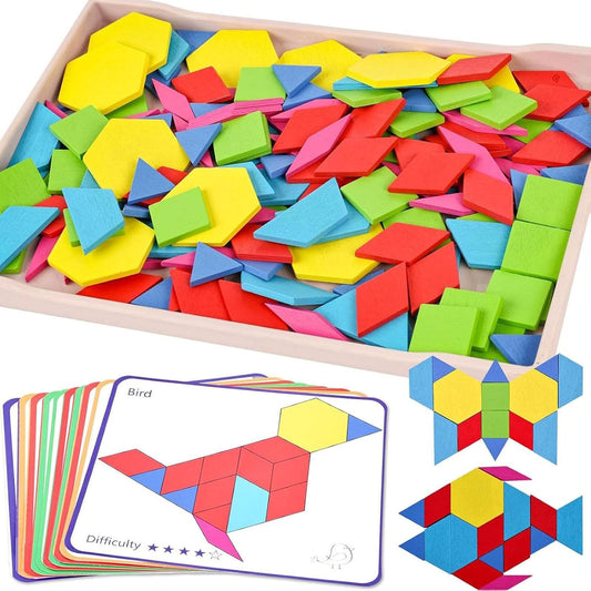 3 otters wooden pattern blocks collection for creative building and problem solving.