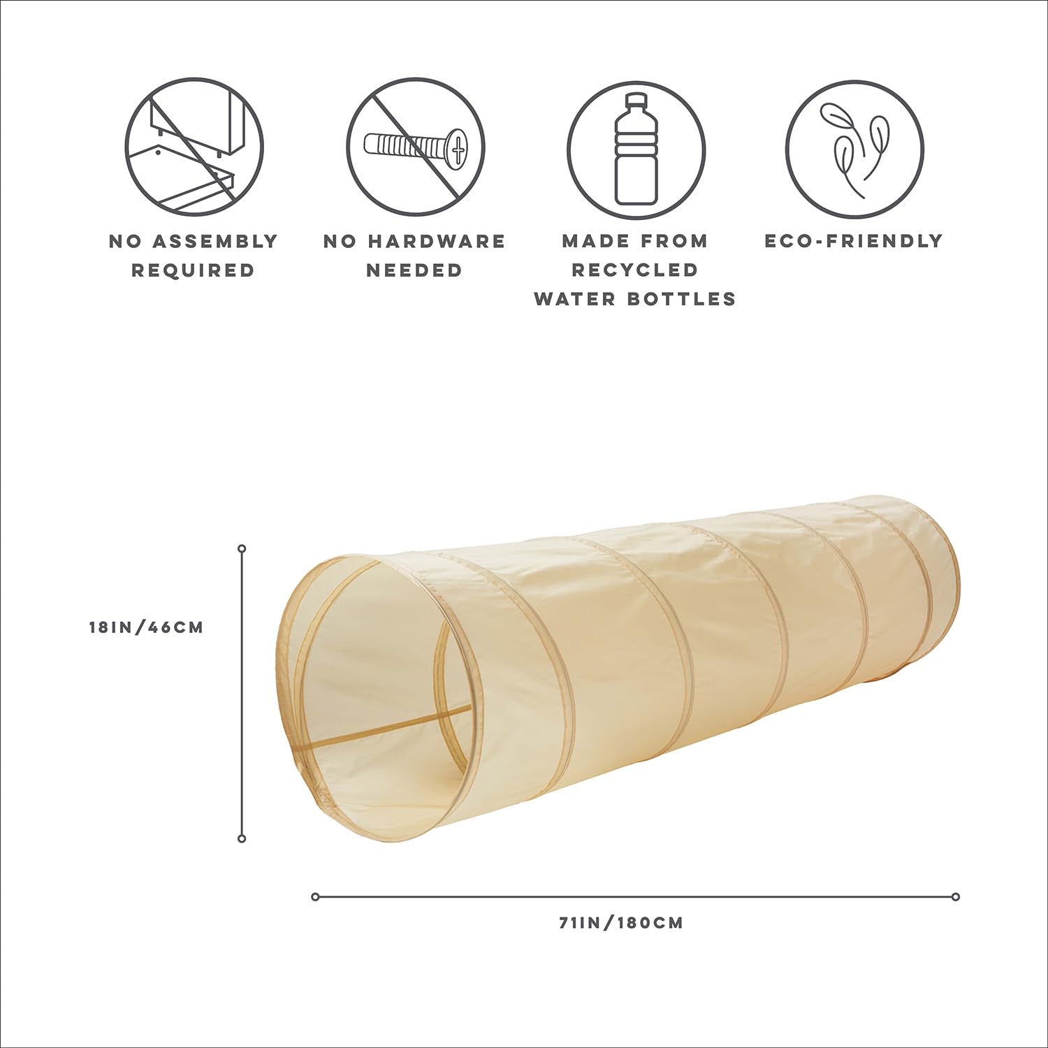 3 Sprouts beige play tunnel collapsible frame for quick setup and storage.