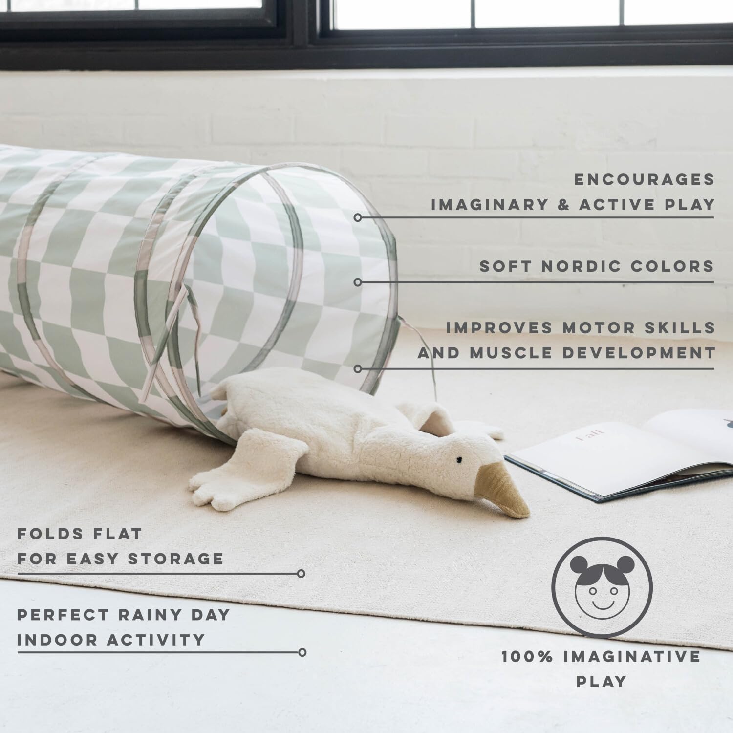 3 Sprouts Play Tunnel close-up fabric shows recycled material for eco-conscious play.