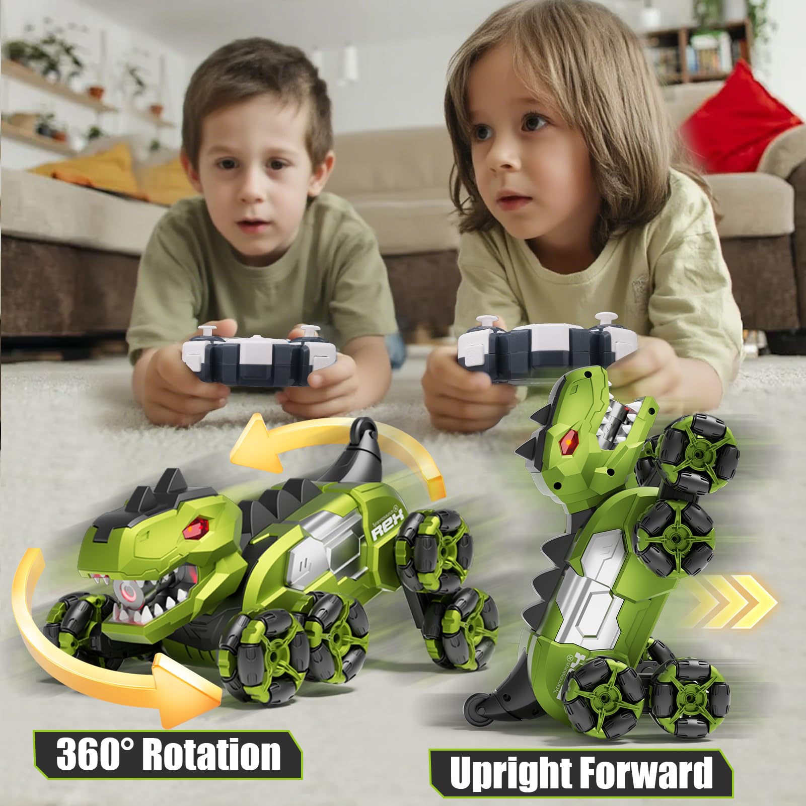 4DRC dino truck with lights, music, and spray for immersive play.