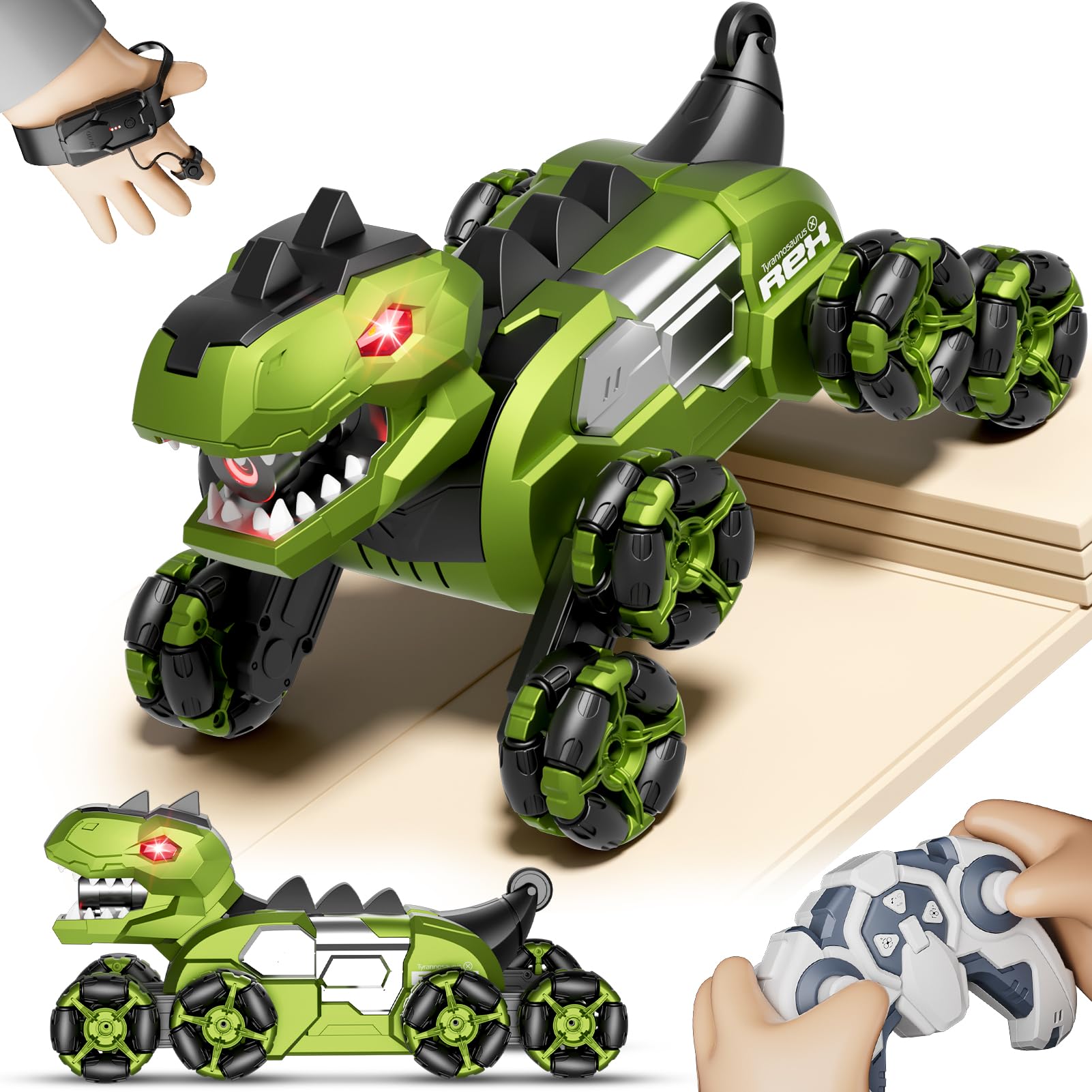4DRC dinosaur monster truck with roaring T-Rex design for outdoor adventures.