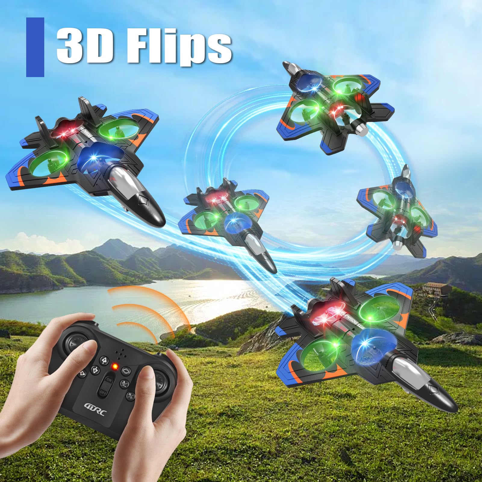 4DRC V32 LED night flight lights create a glowing sky show during dusk sessions.