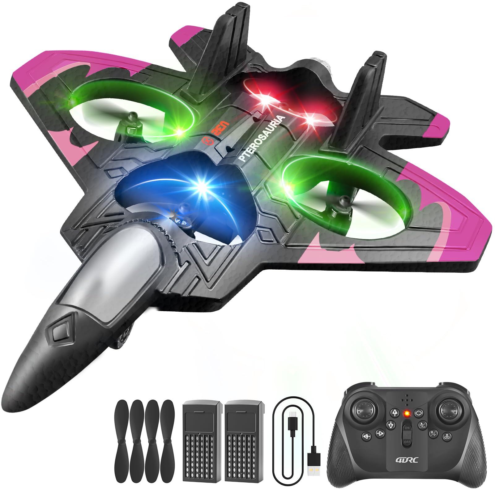 4DRC V32 RC plane front view highlighting compact design and hover-ready stability.