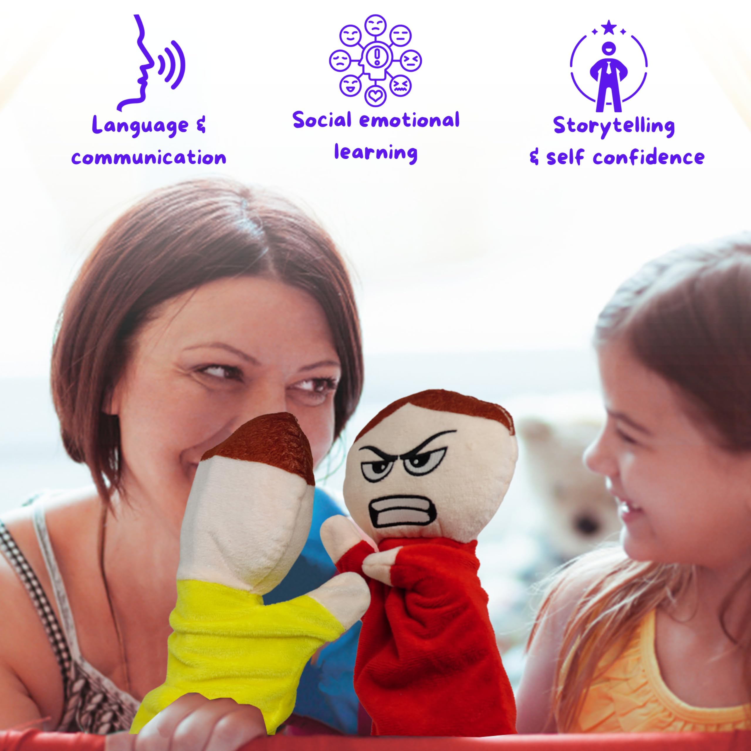 4E's Novelty Feeling Puppet Angry: moveable arms invite interactive role-play.