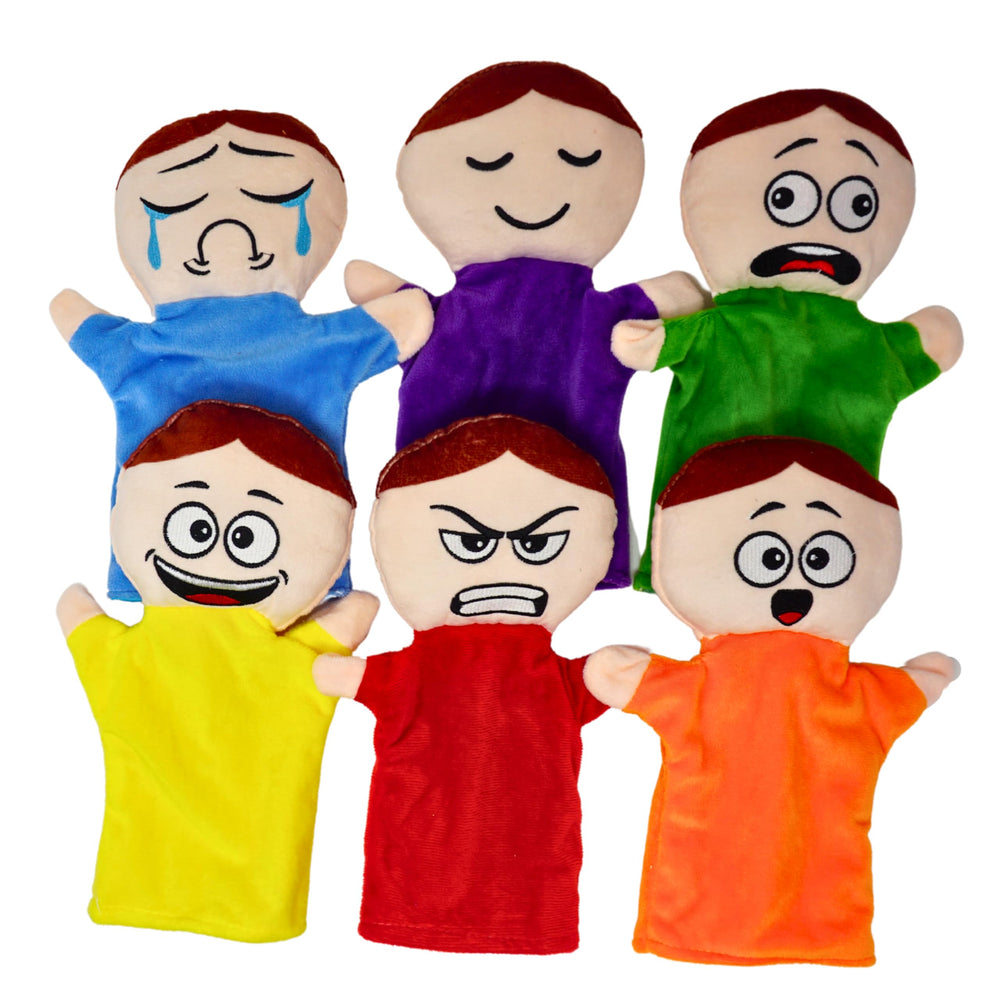 4E's Novelty Feeling Puppet Classroom Kit: includes emotion book for guided activities.