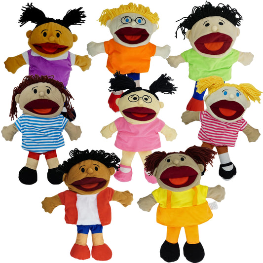 4E's Novelty multicultural puppets 8-pack front view for classroom storytelling