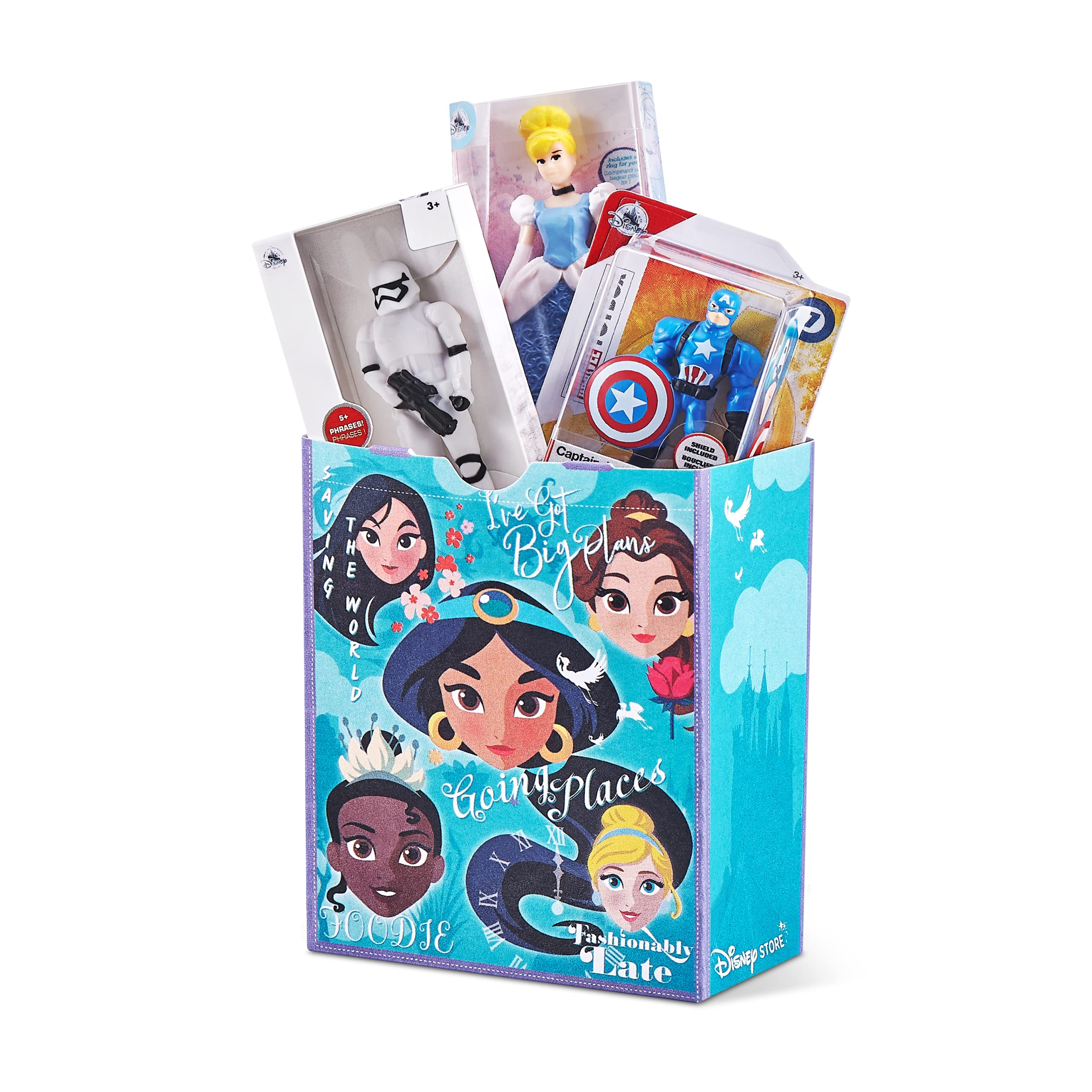 Six miniature accessories for display and storage in a compact setup