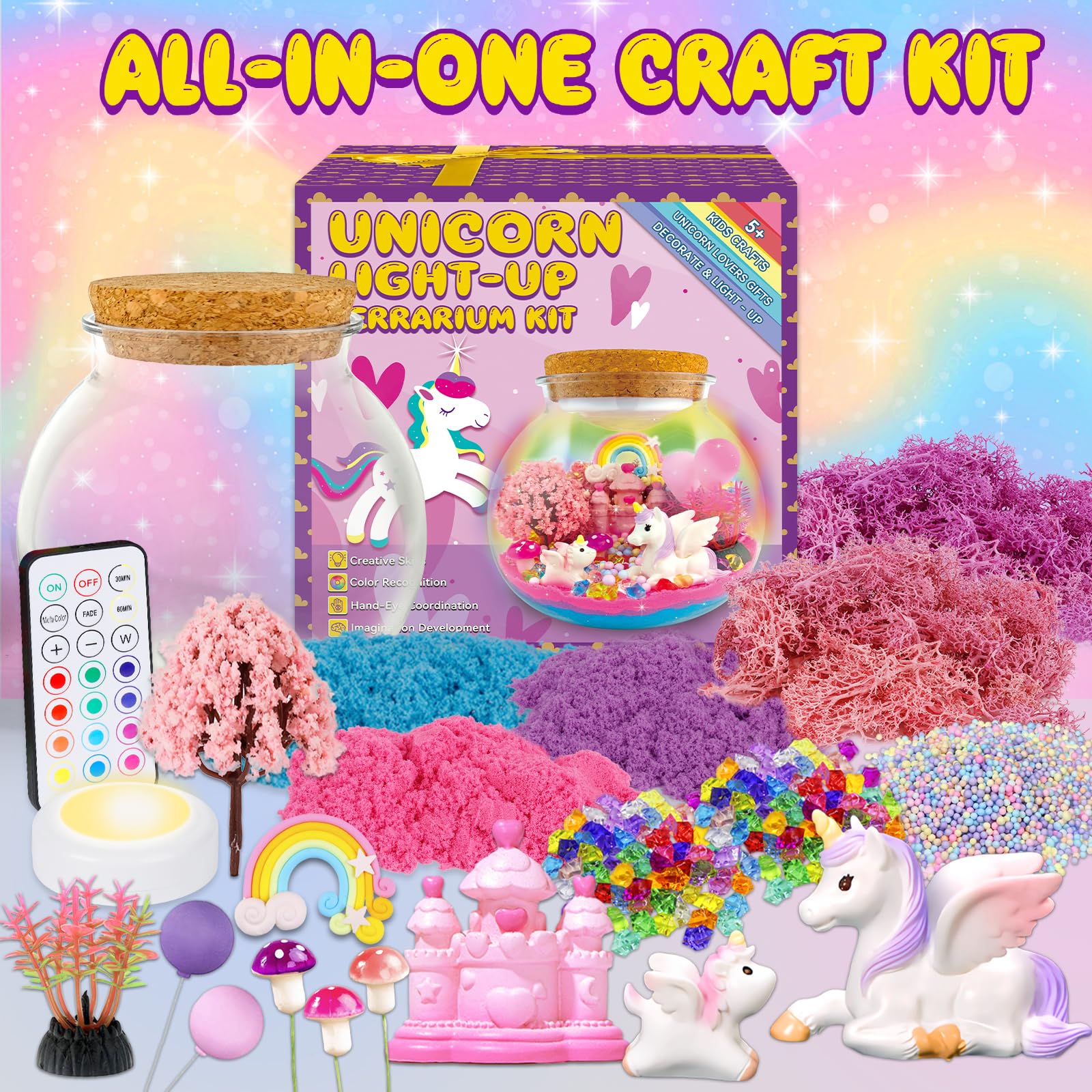 7july unicorn models and crystals spark whimsical terrarium scenes.