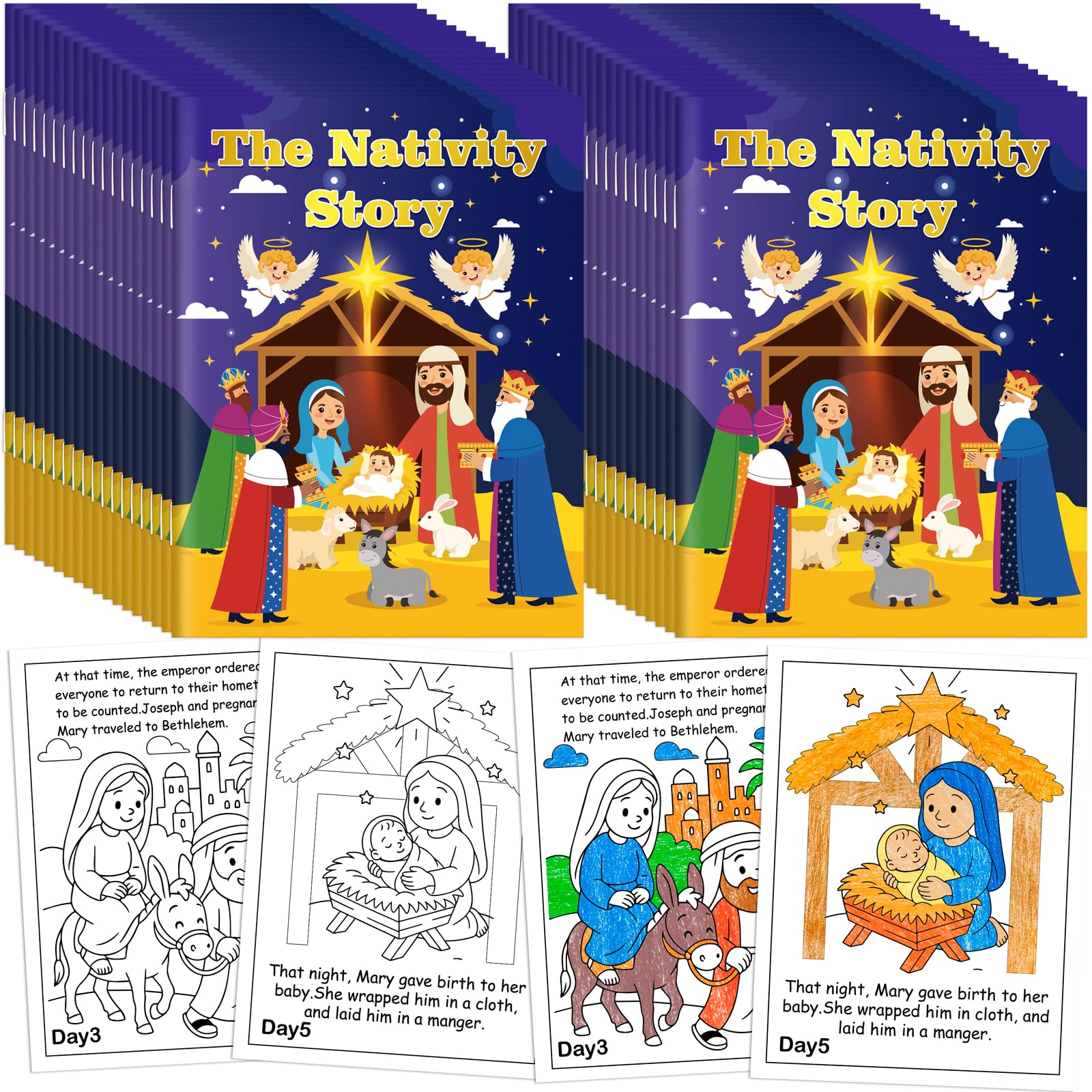 90shine 36-piece nativity coloring book set, perfect for group classroom activities.