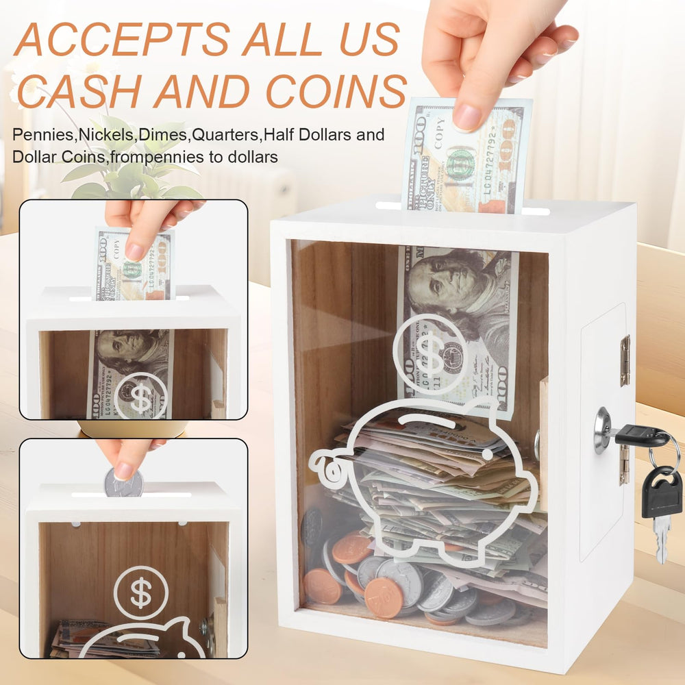 Mczxon wood and acrylic piggy bank design, durable and decorative on a desk.