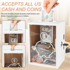 Mczxon wood and acrylic piggy bank design, durable and decorative on a desk.