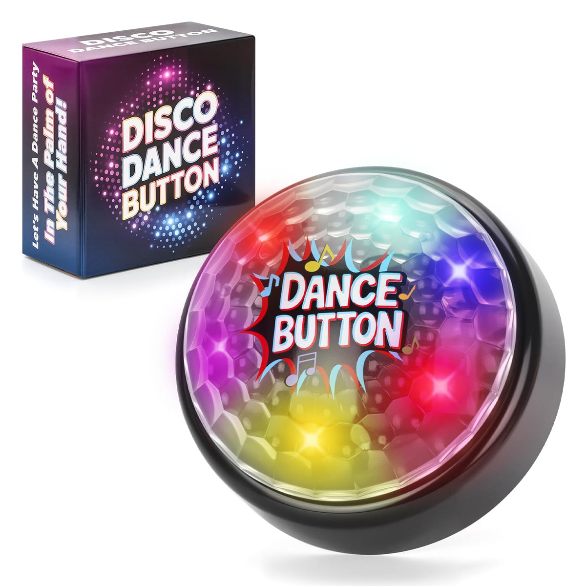 A AIFAMY Disco Dance Button close-up with colorful party lights.