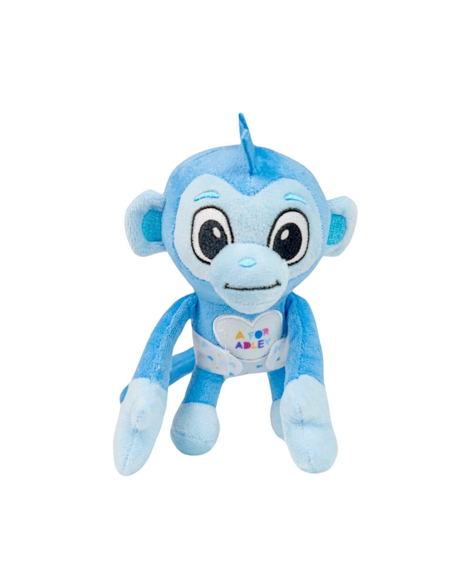 A FOR ADLEY blue monkey with diaper encourages nurturing role-play and cuddling.