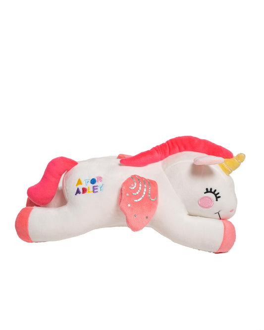 A FOR ADLEY Lost in the Movies unicorn plushie in white and pink, ideal for imaginative play.