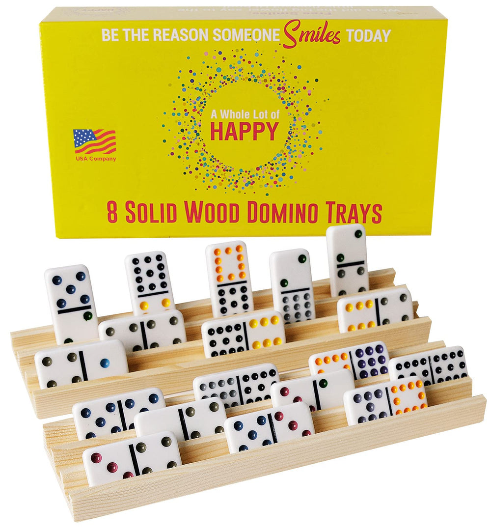 A Whole Lot Of Happy wooden domino tray with three shallow rows for clear visibility