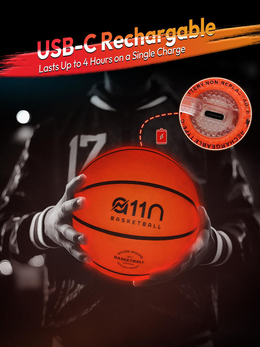 A11N SPORTS LED glow-on-impact basketball in action.