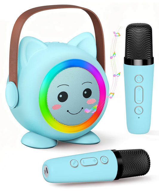 Aadmd mini karaoke machine with 2 wireless mics in blue for kid-friendly singing