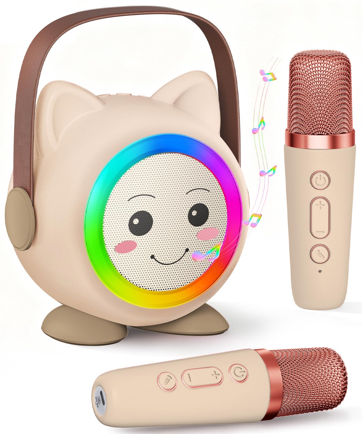 Aadmd mini karaoke machine beige front view for easy portability.