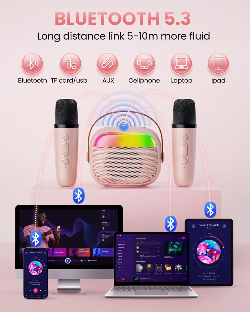 Aadmd mini karaoke machine pink led lights set festive mood.