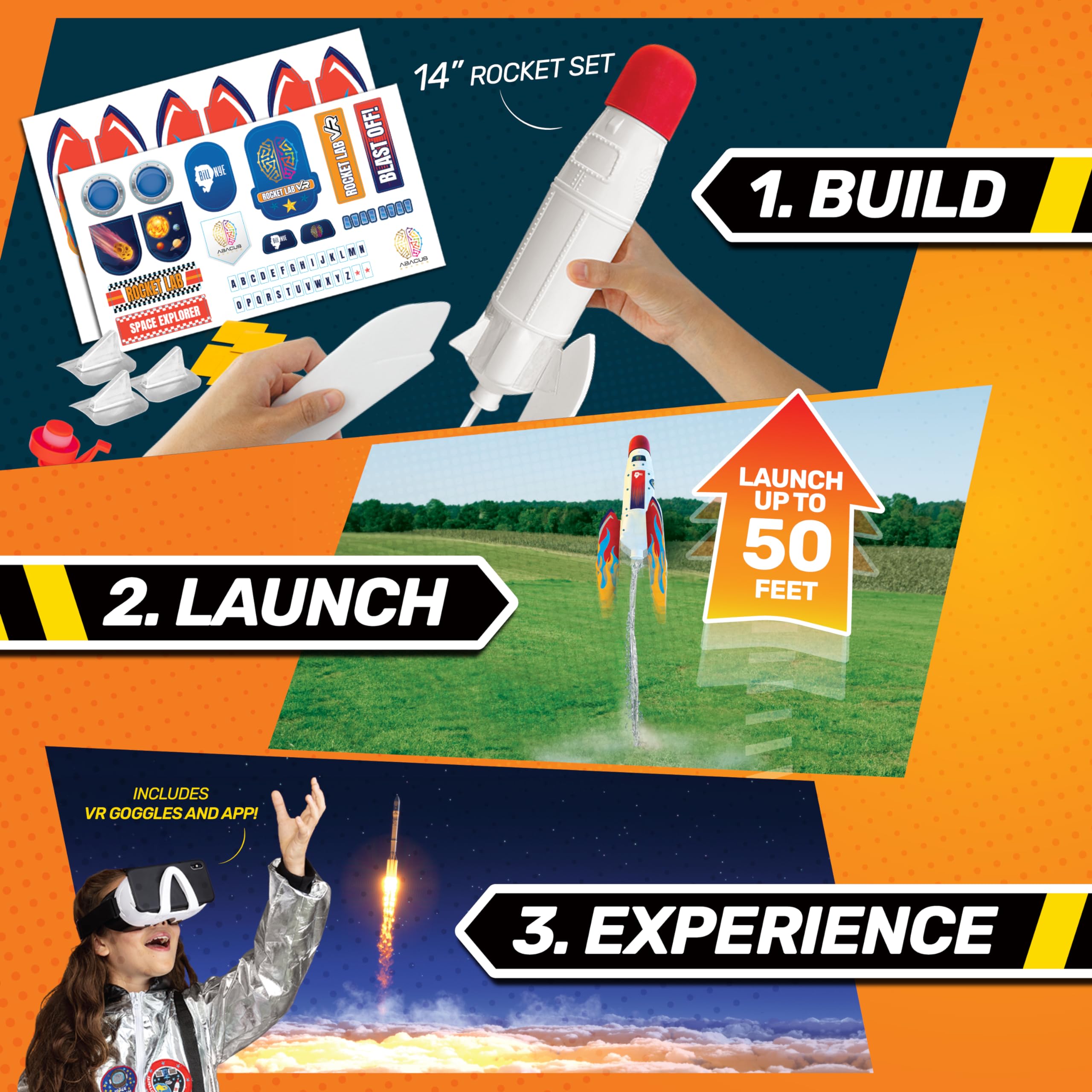Abacus Brands Bill Nye rocket assembly kit for hands-on STEM activities.
