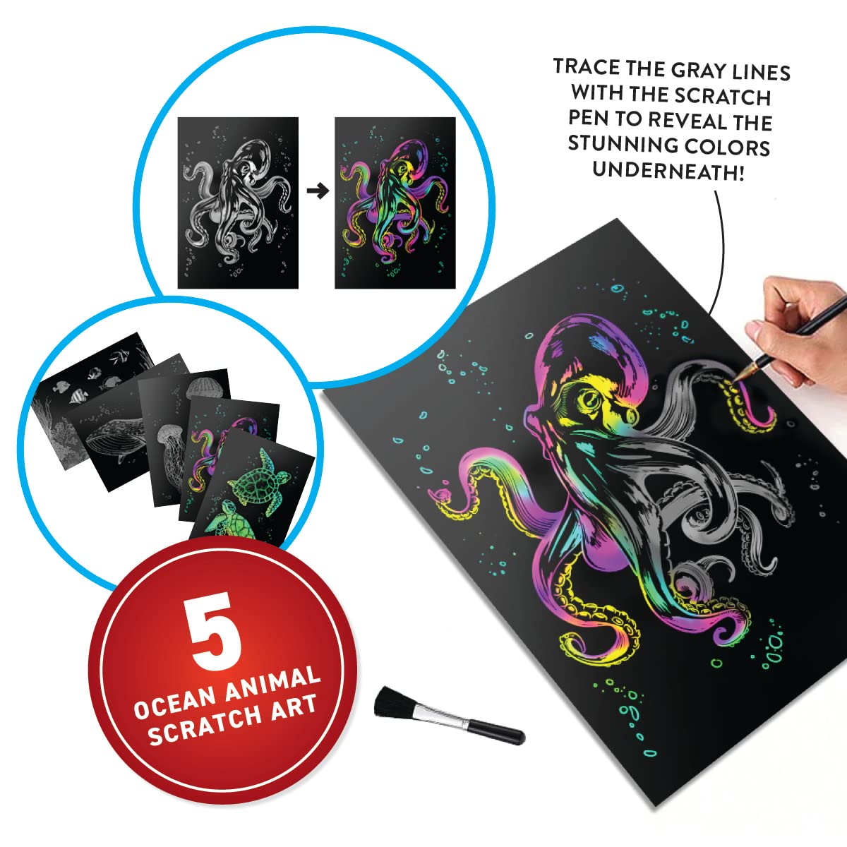 Abacus Brands scratch art set revealing vibrant ocean creatures for creative learning.
