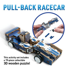 Abacus Brands wooden 3D puzzle transforms into a pull-back racecar for hands-on practice.