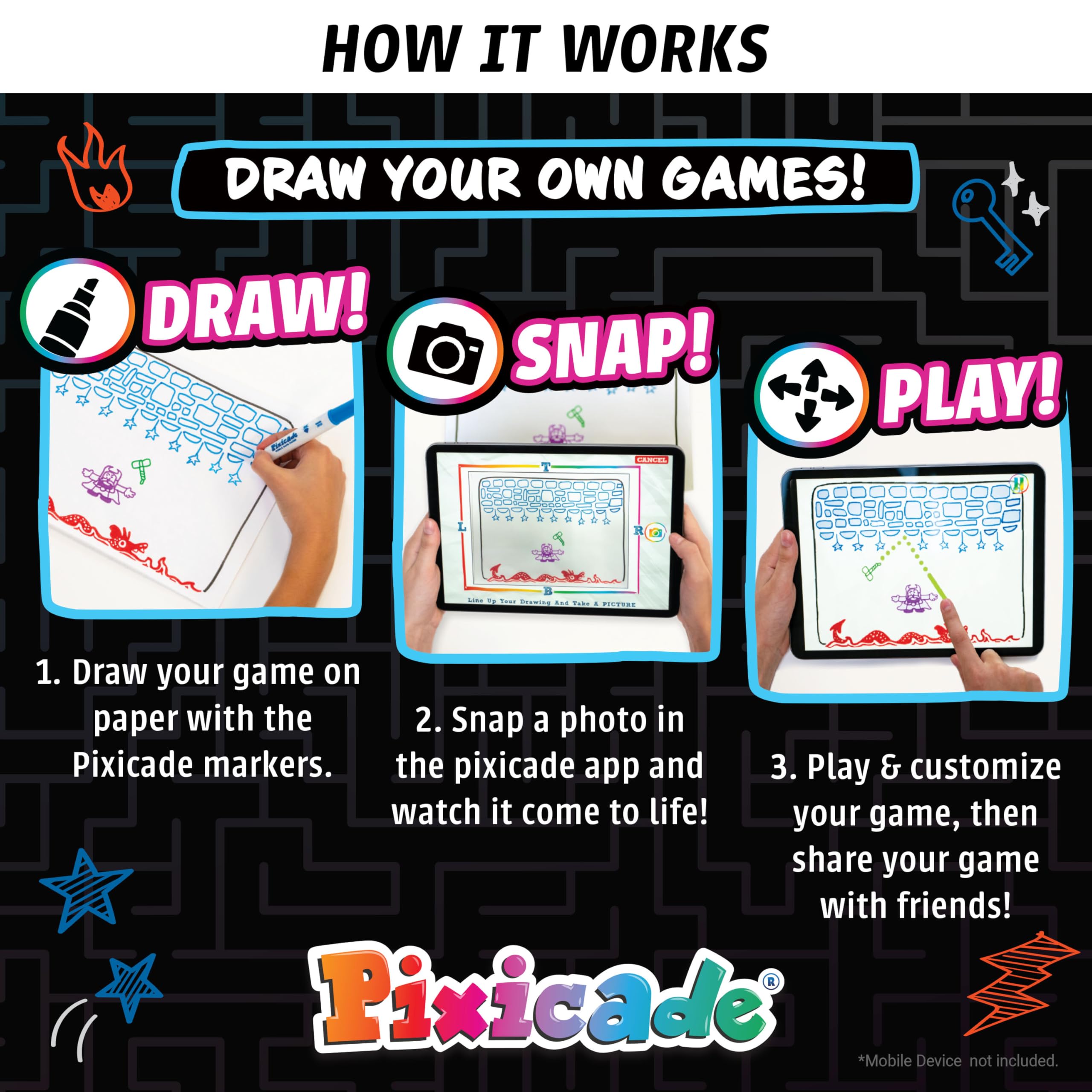 Abacus Brands Pixicade creation-kit invites kids to design characters and levels from paper art.