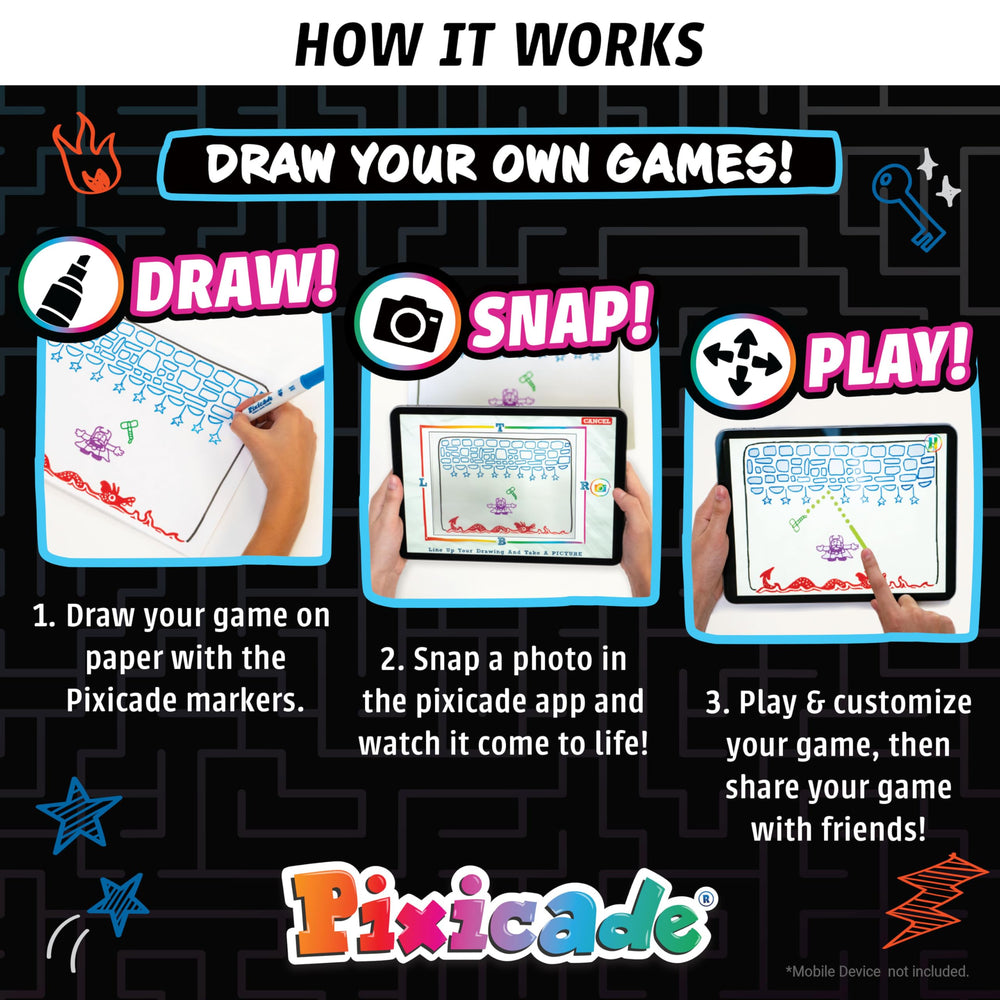 Abacus Brands Pixicade creation-kit invites kids to design characters and levels from paper art.