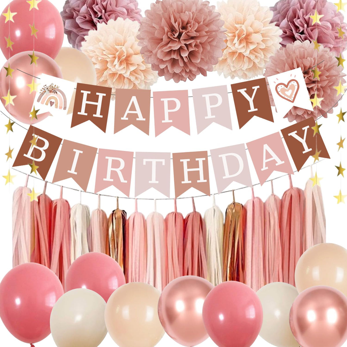 ABAOWO birthday banner with retro blush balloons forms an elegant boho centerpiece.