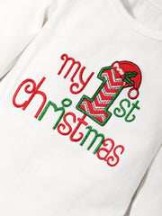 Abbence My First Christmas Outfit soft knit hat with festive embroidery for warmth.