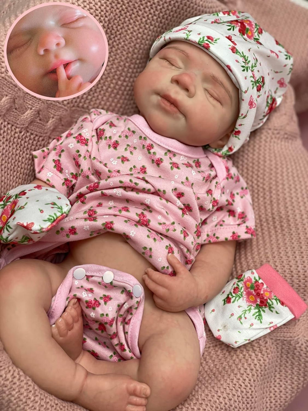 Abenduot 18-inch open-mouth doll face for lifelike snuggling and pacifier play.