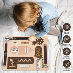 ABERLLS Montessori busy board key lock feature invites problem solving and grip practice