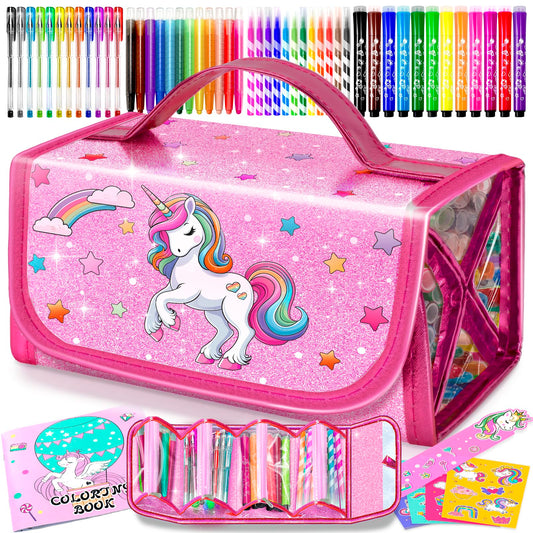 ABERLLS washable markers set in unicorn pencil case for mess-free coloring on the go
