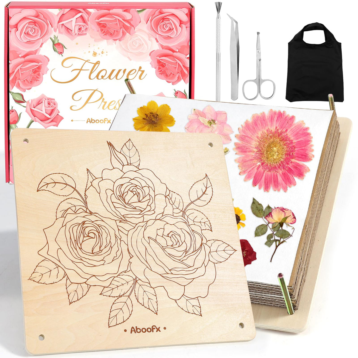 Aboofx Flower Press Kit with 8 layers preserves delicate blossoms for crafts.