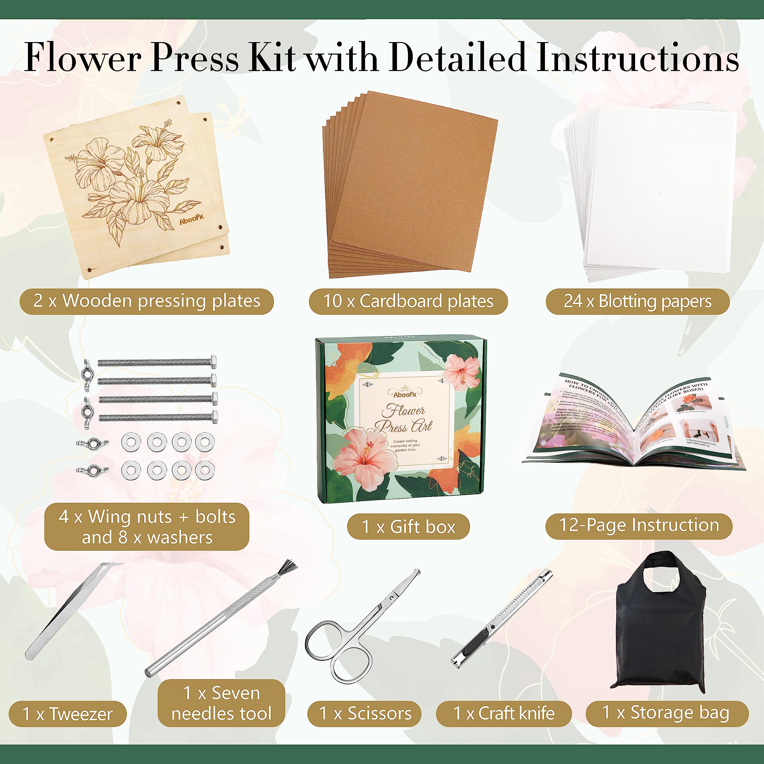 Aboofx Flower Press Kit tweezers, scissors, knife for careful handling