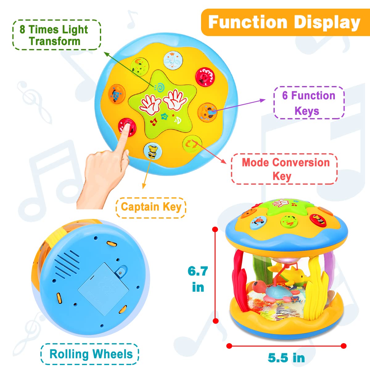 Aboosam animal sounds buttons play melodies to engage early listening skills.