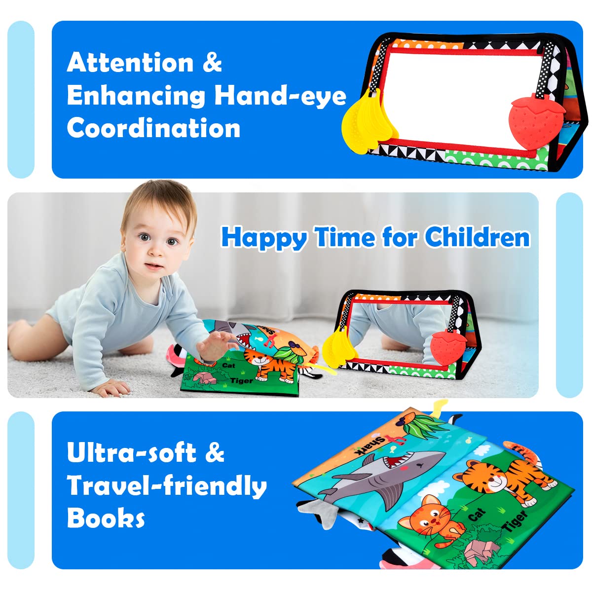 Aboosam squeaky crinkled paper inside page sparks auditory curiosity during tummy time.