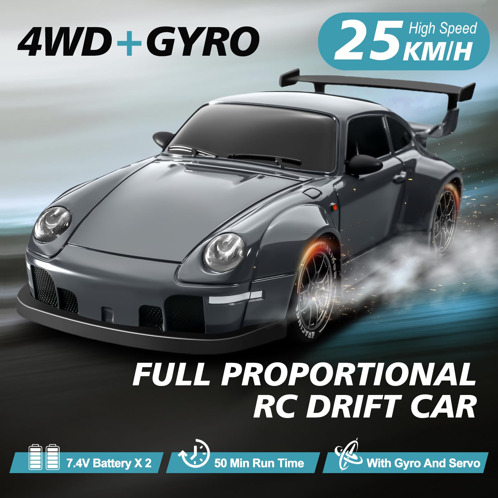 ACAMMZAR RC Drift Car Pro gyro side view shows stable 4WD grip