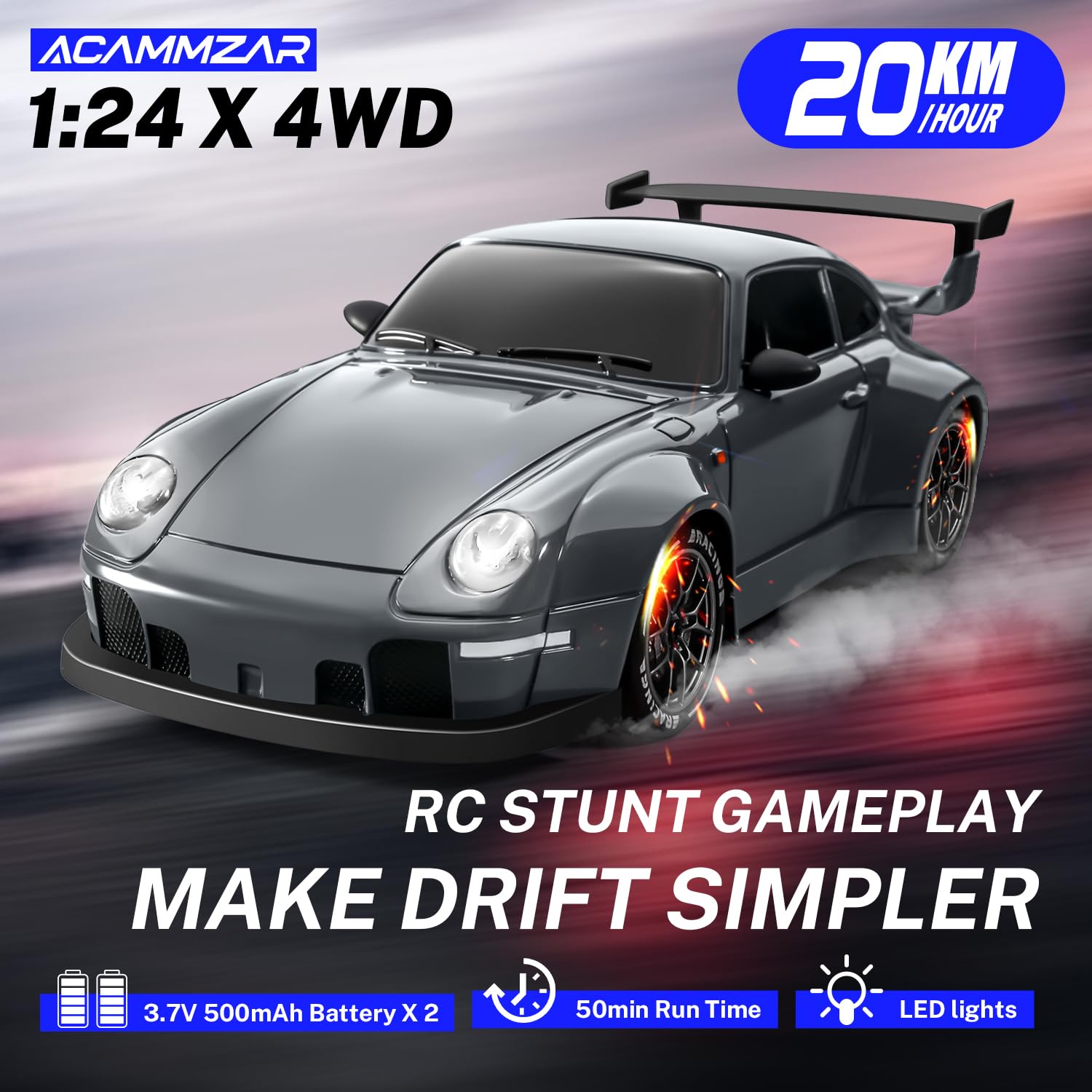 ACAMMZAR RC Drift Car LED lights illuminate night driving scenarios.