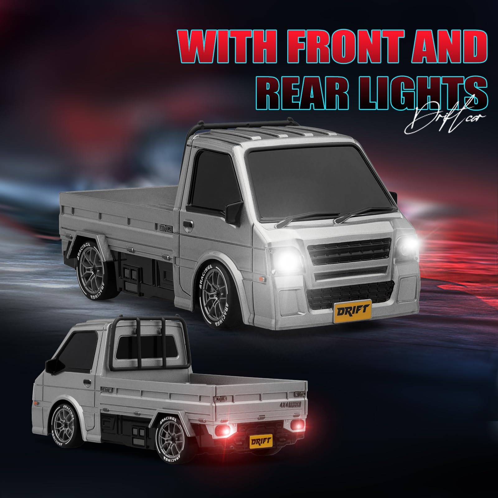 ACAMMZAR RC drift car headlights and taillights for night sessions.