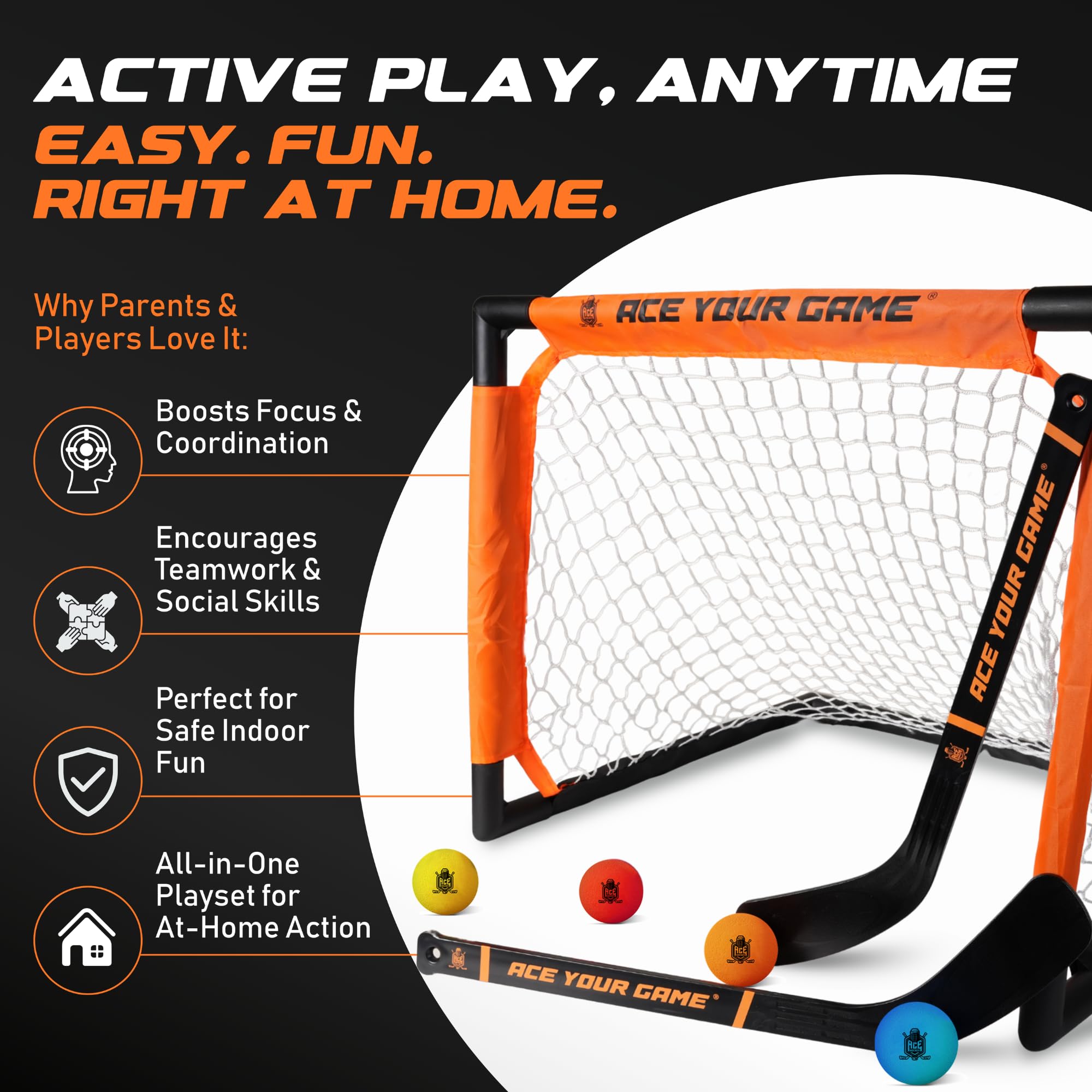 ACE HOCKEY Shinny Set quick assembly for minutes of action.