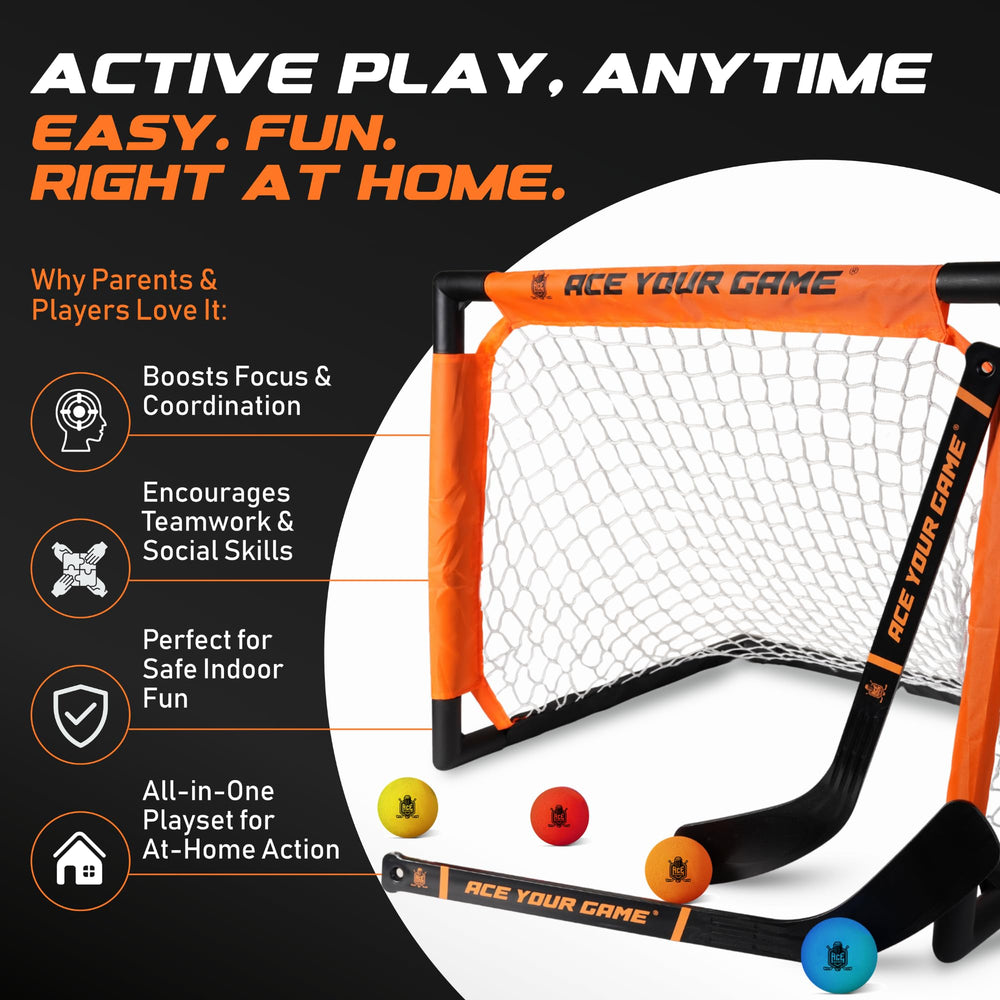 ACE HOCKEY Shinny Set quick assembly for minutes of action.