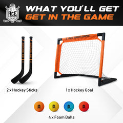 ACE HOCKEY Shinny Set mini sticks give kid-friendly grip and control.