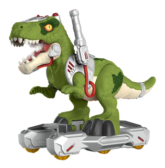 Ace Toys Land dinosaur ride-on in green, side view, showcasing stable six-wheel base for safety