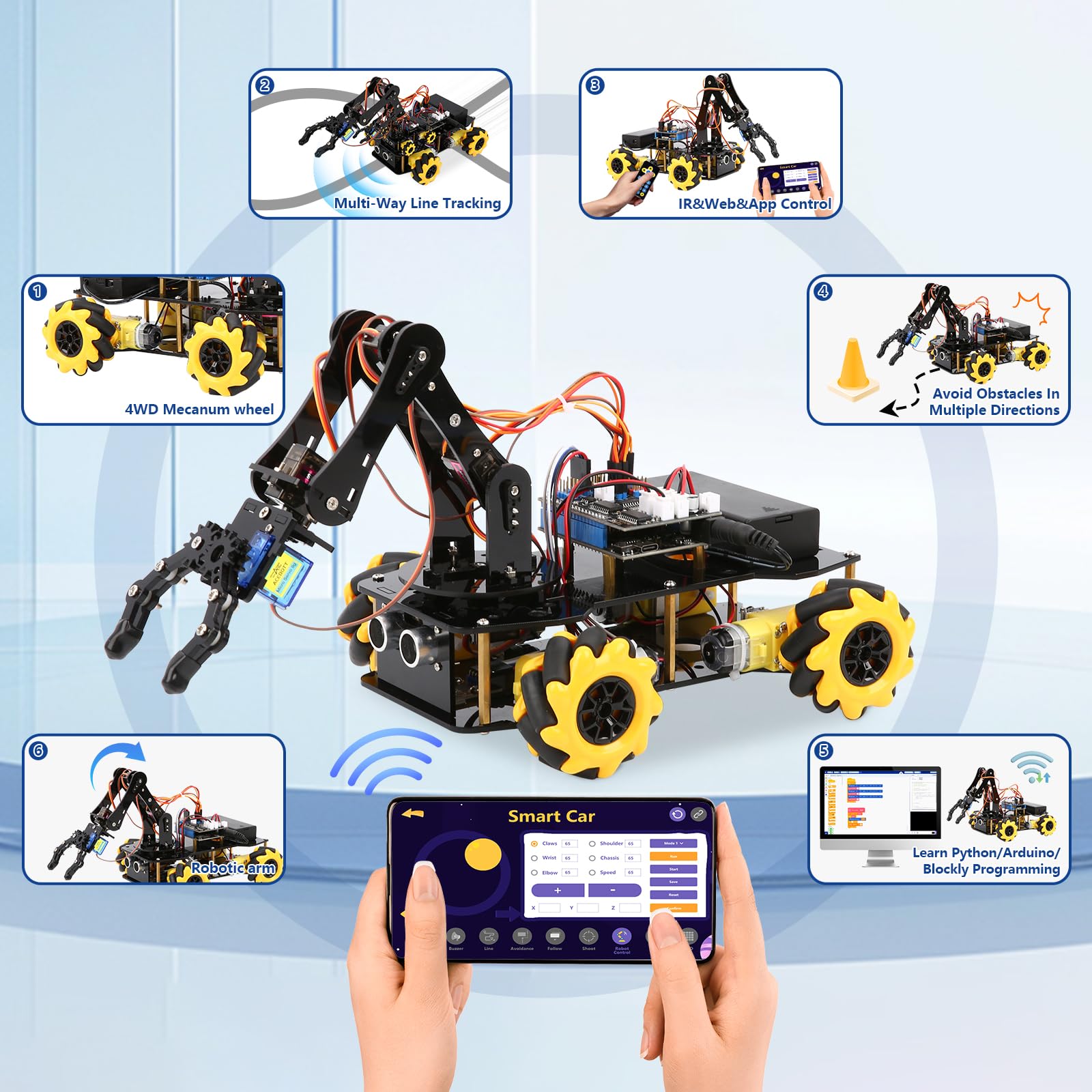 ACEBOTT arm gripper 260° opening enables secure object pickup.